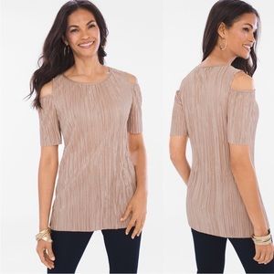 NWT Chicos Travelers Gold Micro Pleated Cold Shoulder Top Holiday NYE Metallic